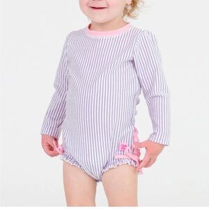 Baby Girl’s RuffleButts Seersucker Long Sleeve Rash Guard One Piece Lavender